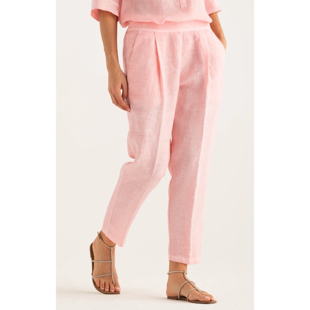 120% Lino Pleated Pants Women 46 (L) Ballerina Pink Coastal Linen Tapered Luxury